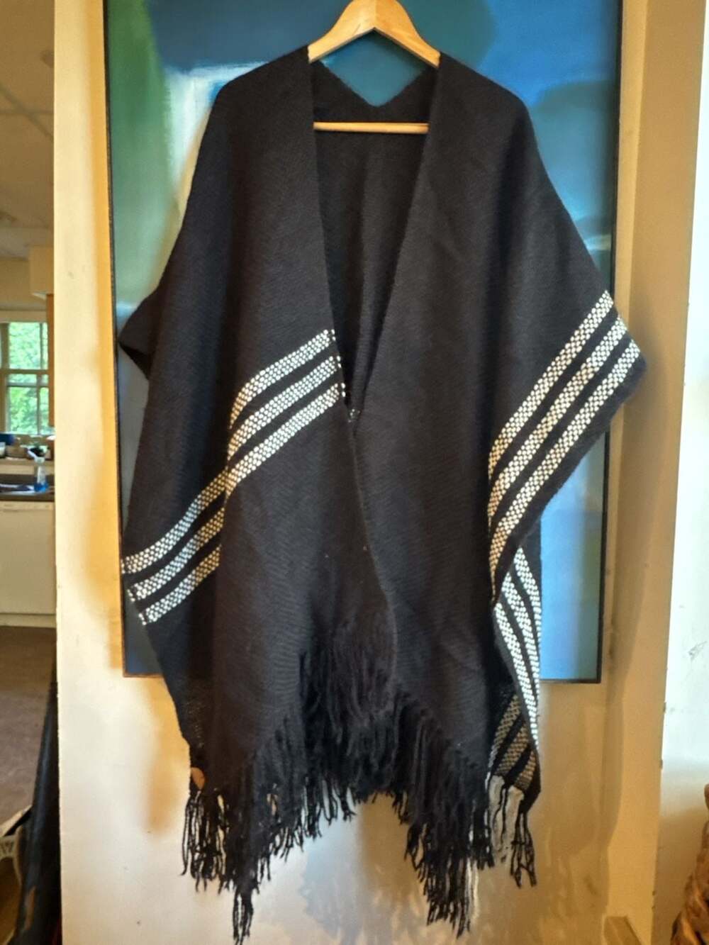 South Folk Alpaca Wool Poncho One Size Black Striped Handwoven Cape